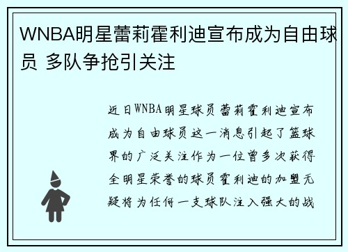 WNBA明星蕾莉霍利迪宣布成为自由球员 多队争抢引关注