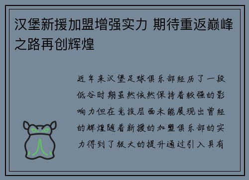 汉堡新援加盟增强实力 期待重返巅峰之路再创辉煌