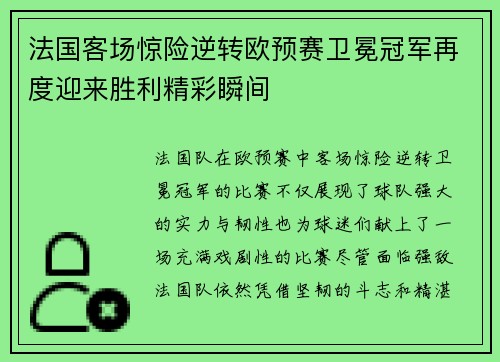 法国客场惊险逆转欧预赛卫冕冠军再度迎来胜利精彩瞬间