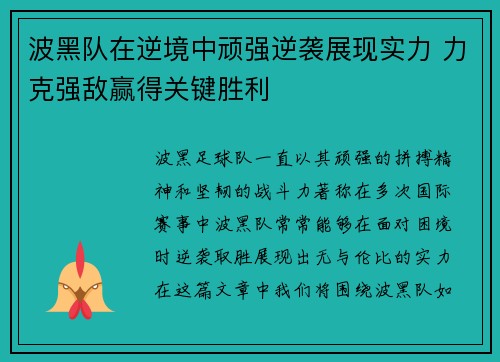 波黑队在逆境中顽强逆袭展现实力 力克强敌赢得关键胜利