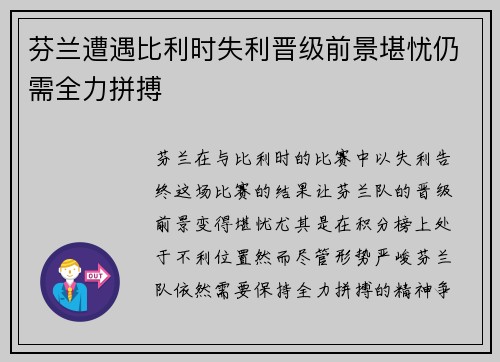 芬兰遭遇比利时失利晋级前景堪忧仍需全力拼搏