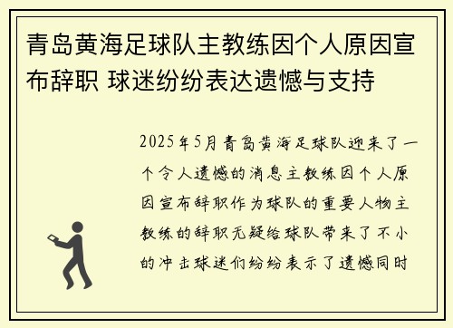 青岛黄海足球队主教练因个人原因宣布辞职 球迷纷纷表达遗憾与支持