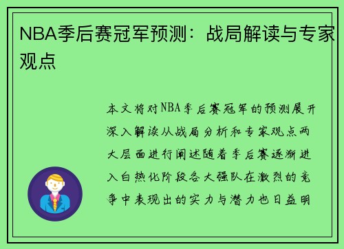 NBA季后赛冠军预测：战局解读与专家观点