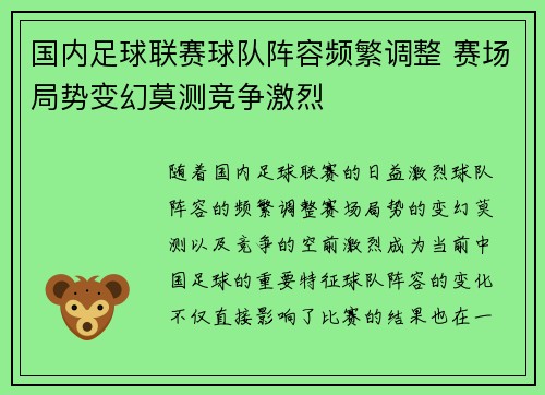 国内足球联赛球队阵容频繁调整 赛场局势变幻莫测竞争激烈