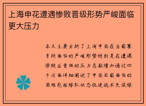 上海申花遭遇惨败晋级形势严峻面临更大压力
