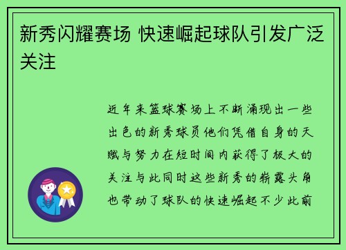 新秀闪耀赛场 快速崛起球队引发广泛关注